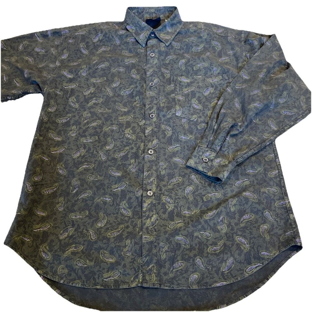 Vintage 90s Permit Button Up Shirt Mens Medium Black Purple Paisley Goth Grunge